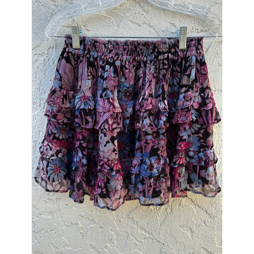 LoveShackFancy Womens XS Floral Tiered Ruffle Mini Skirt Smocked Waist